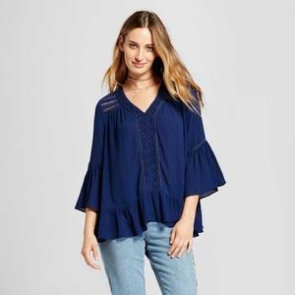 Night Cap Blue Lace Yolk Peasant Blouse